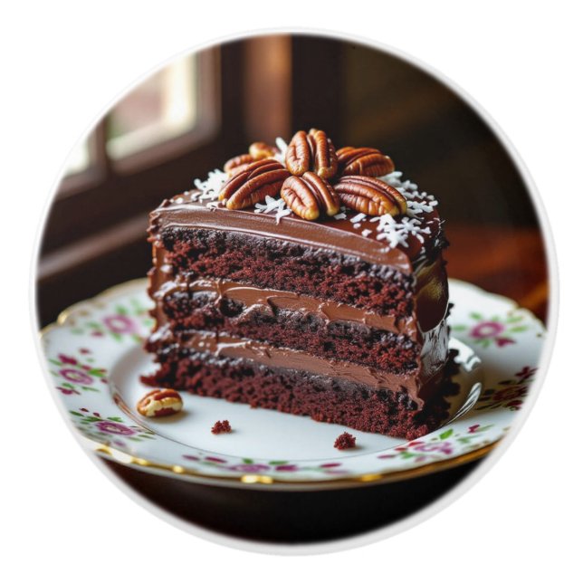 Piece of German Chocolate Cake on a Fancy Plate Ceramic Knob (Front)