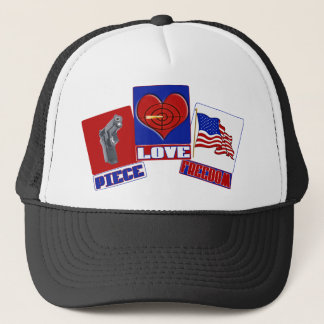 PIECE (PEACE) LOVE (HEART) FREEDOM (USA FLAG) TRUCKER HAT