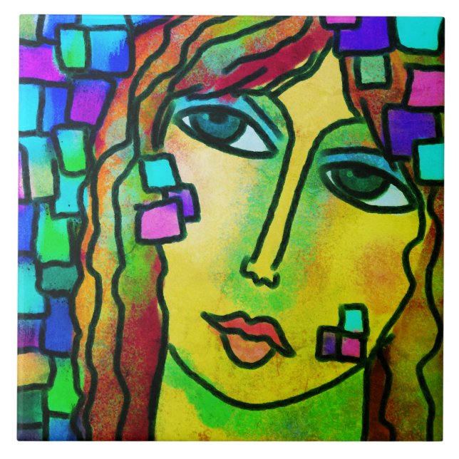 Pieces Abstract Digital Portrait of a Woman Ceramic Tile (Front)
