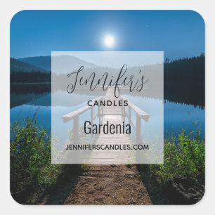 Pier at Night under a Full Moon Candle Business Square Sticker