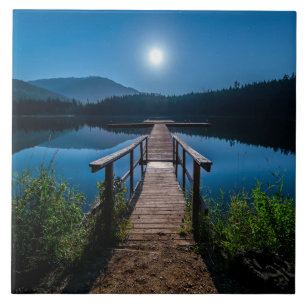 Pier at Night under a Full Moon Ceramic Tile