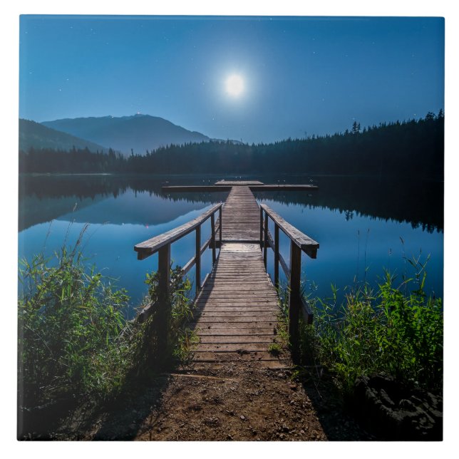 Pier at Night under a Full Moon Ceramic Tile (Front)