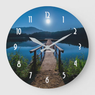 Pier at Night under a Full Moon Large Clock