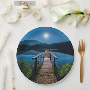 Pier at Night under a Full Moon Paper Plate