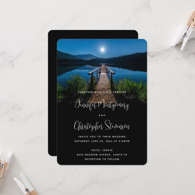 Pier at Night under a Full Moon Wedding Invitation (Front/Back In Situ)