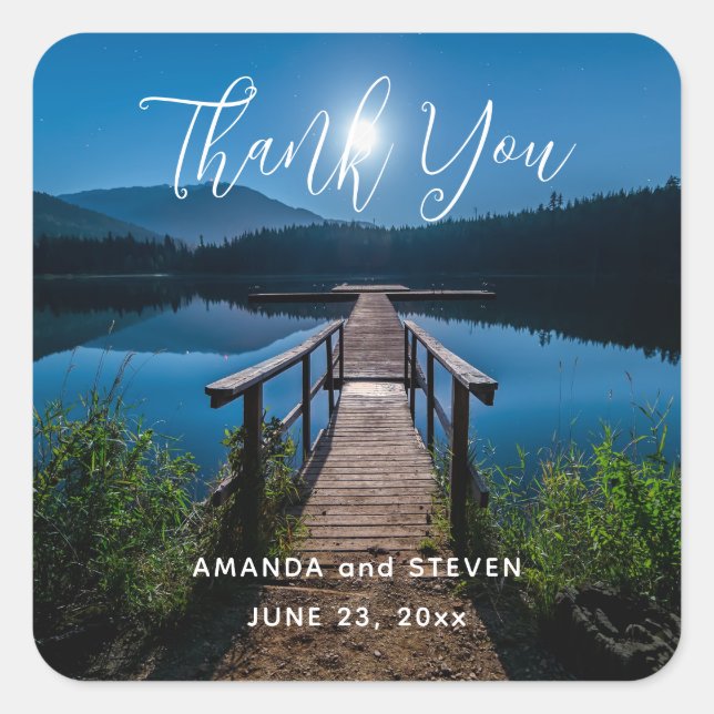 Pier at Night under a Full Moon Wedding Thank You Square Sticker (Front)