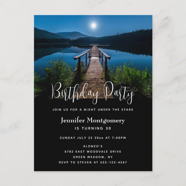 Pier at Night with Full Moon Birthday Invitation (Front)