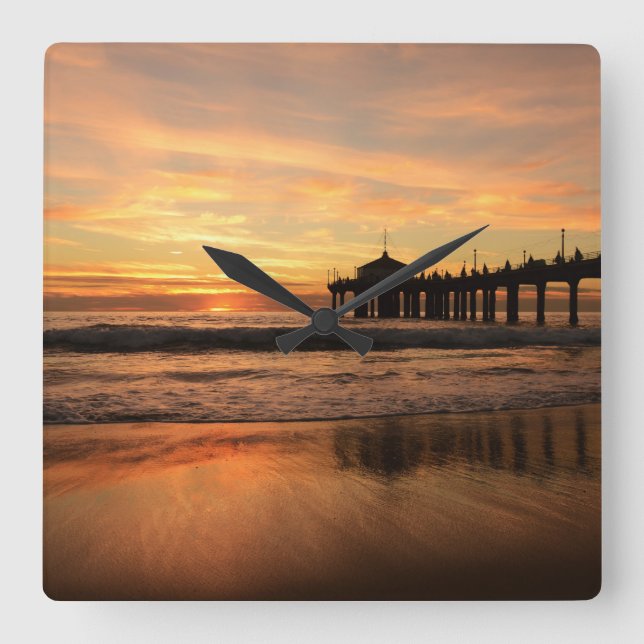 Pier beach sunset square wall clock (Front)