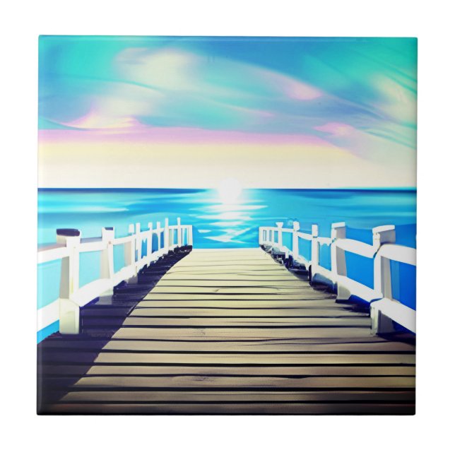 Pier, Ocean and Sky at Dawn Ceramic Tile (Front)