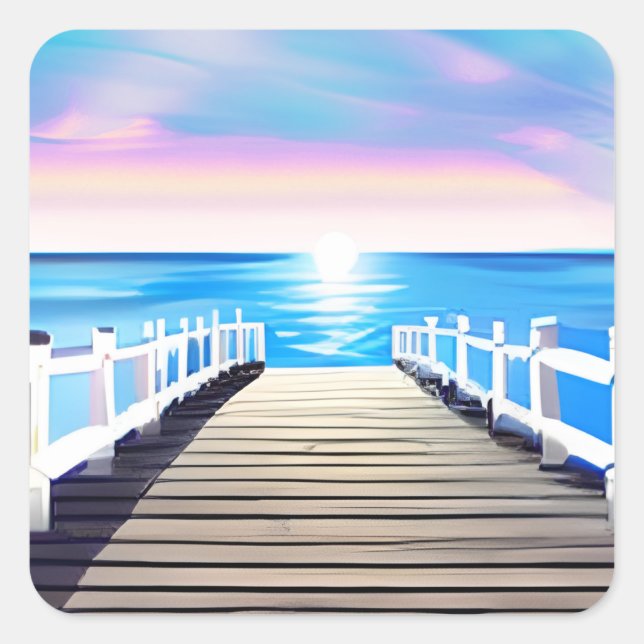 Pier, Ocean and Sky at Dawn Square Sticker (Front)