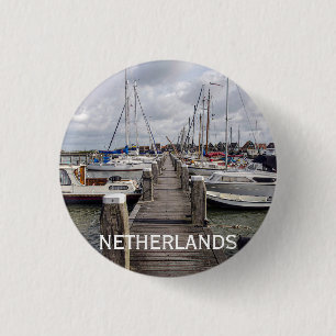 Pier with boats and yachts in Marken Netherlands 3 Cm Round Badge