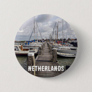Pier with boats and yachts in Marken Netherlands 6 Cm Round Badge