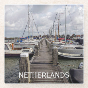 Pier with boats and yachts in Marken Netherlands Glass Coaster