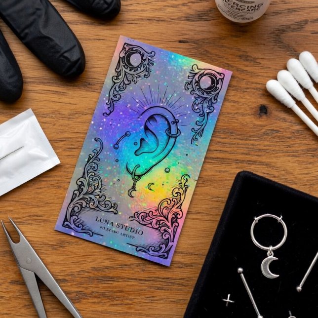 Piercing Artist | Holographic Body Piercing Studio Business Card (Creator Uploaded)