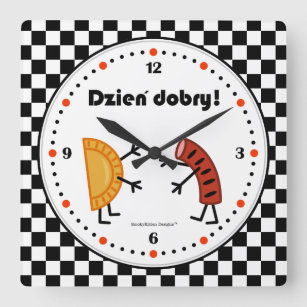 Pierogi and Kielbasa Dzien Dobry - Friendly Foods Square Wall Clock