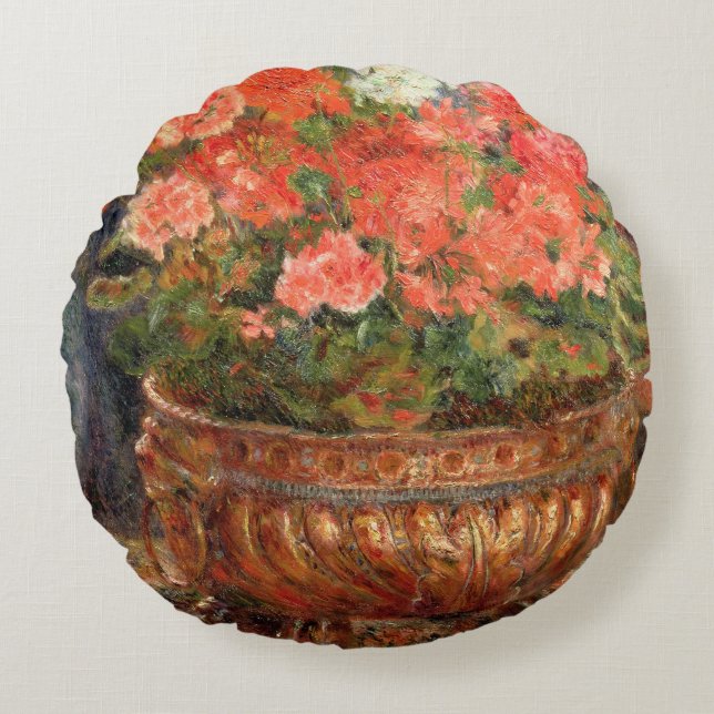 Pierre A Renoir | Geraniums in a Copper Basin Round Cushion (Front)