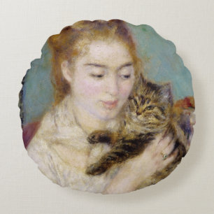 Pierre A Renoir Woman with a Cat Round Cushion
