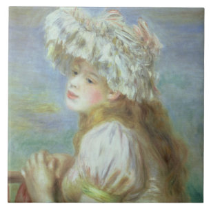 Pierre A Renoir Young woman in a lace hat Tile