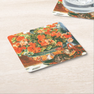 Pierre-Auguste Renoir Geraniums And Cats Square Paper Coaster