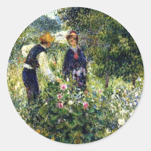Pierre-Auguste Renoir Painting, Picking Flowers, Classic Round Sticker (Front)