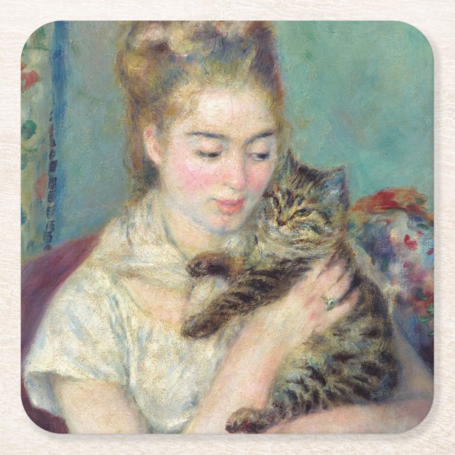 Pierre-Auguste Renoir - Woman with a Cat Square Paper Coaster (Front)