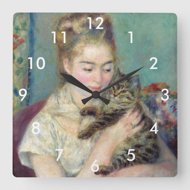 Pierre-Auguste Renoir - Woman with a Cat Square Wall Clock (Front)