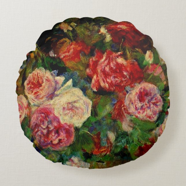 Pierre Renoir painting, Roses Round Cushion (Front)