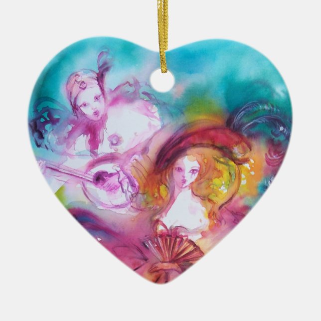 PIERROT AND ARLECCHINA / Carnival Valentine Heart Ceramic Tree Decoration (Front)