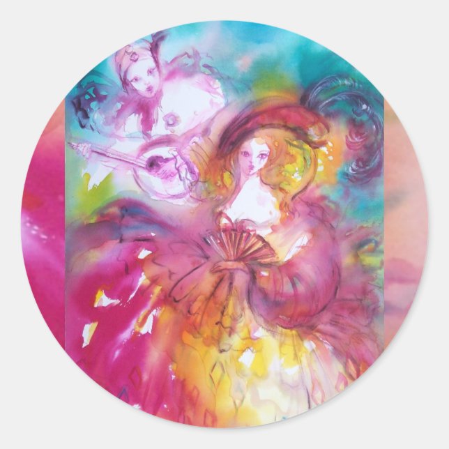 PIERROT AND ARLECCHINA Venetian Carnival, Classic Round Sticker (Front)
