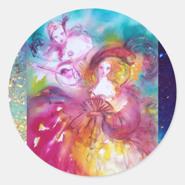 PIERROT AND ARLECCHINA Venetian Carnival, Classic Round Sticker (Front)