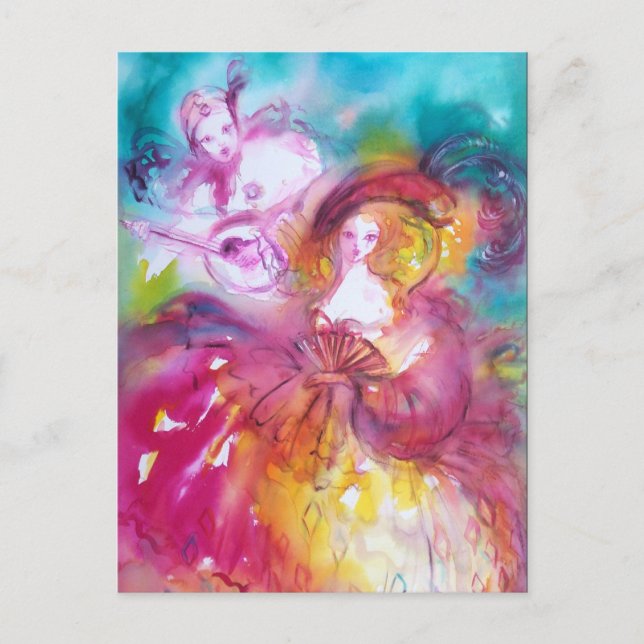 PIERROT AND ARLECCHINA / Venetian Masquerade Invitation Postcard (Front)