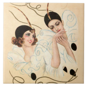 Pierrot and Pierrette Hand Kiss by Sophia Chiostri Ceramic Tile