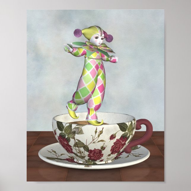 Pierrot Clown Doll Balancing on a Tea Cup Poster (Front)