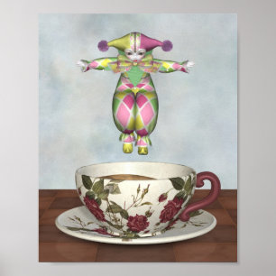 Pierrot Clown Doll Jumping into a Tea Cup Poster
