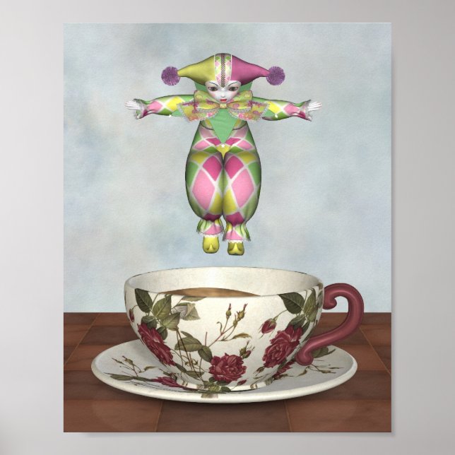 Pierrot Clown Doll Jumping into a Tea Cup Poster (Front)