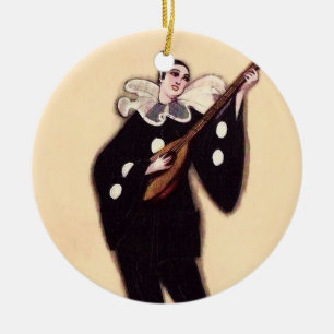 Pierrot in Black Playing Lute by Sophia Chiostri Ceramic Ornament