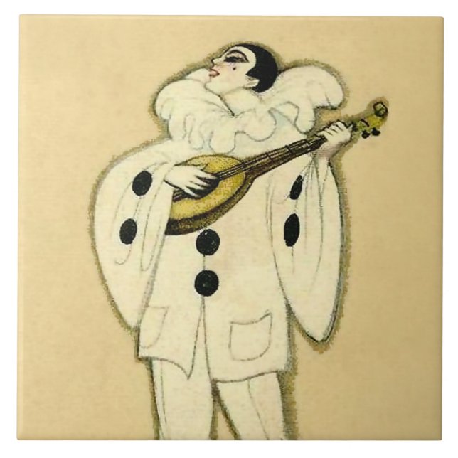 Pierrot Serenades a Crescent Moon by Sophia Chiost Ceramic Tile (Front)