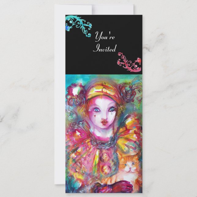 PIERROT WITH CAT / Mardi Gras Masquerade Party Invitation (Front)