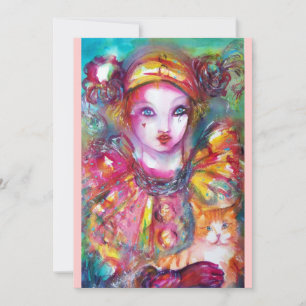PIERROT WITH CAT / Mardi Gras Masquerade Party Invitation