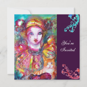 PIERROT WITH CAT / Mardi Gras Masquerade Party Invitation