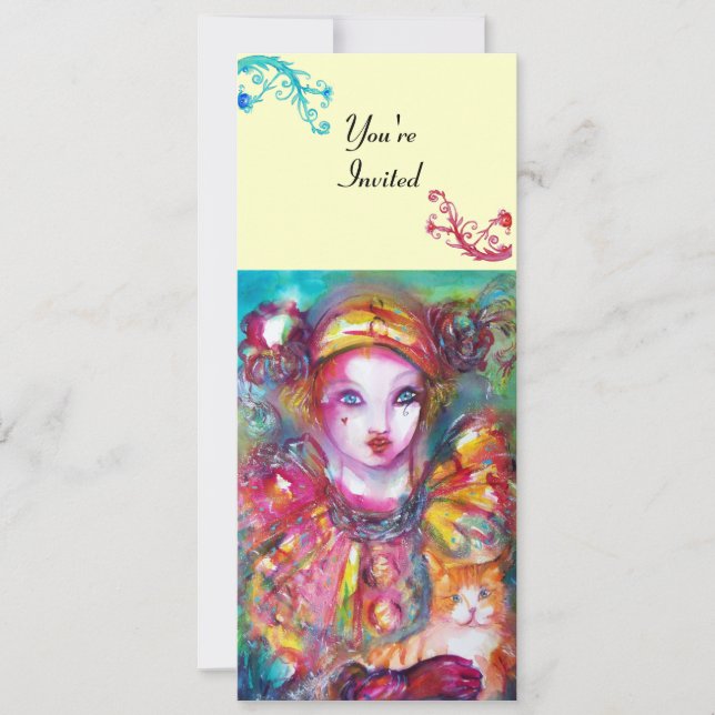 PIERROT WITH CAT / Mardi Gras Masquerade Party Invitation (Front)