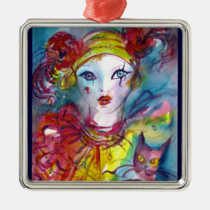 PIERROT WITH CAT / Venetian Masquerade Masks Metal Ornament
