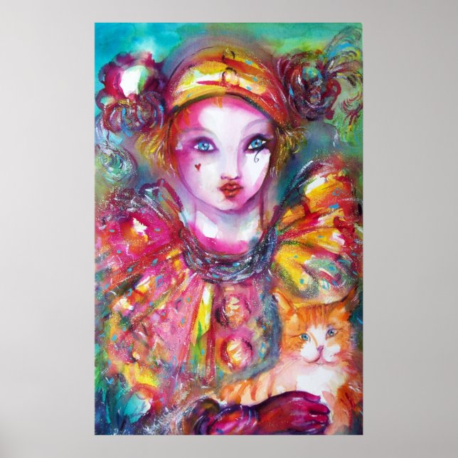 PIERROT WITH CAT / Venetian Masquerade Masks Poster (Front)