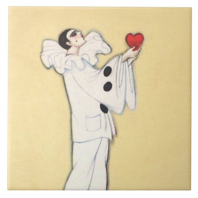Pierrot With Red Heart by Sophia Chiostri Ceramic Tile (Front)