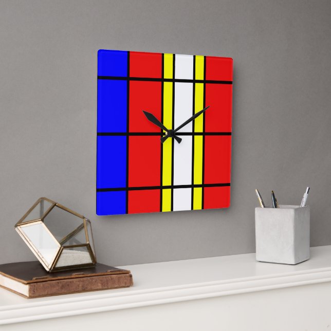 Piet Mondrian Art Style Modern Bright Colours Squa Square Wall Clock (Office)