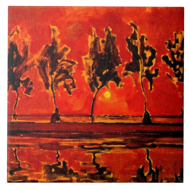 Piet Mondrian art, Trees by the Geine at Moonrise Ceramic Tile (Front)