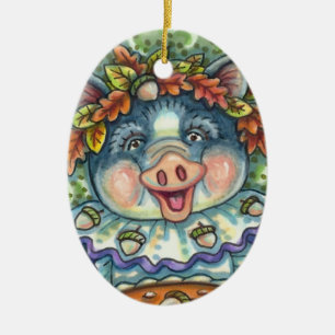 PIG & ACORN PIE, THANKSGIVING MADE WITH LOVE CERAMIC ORNAMENT
