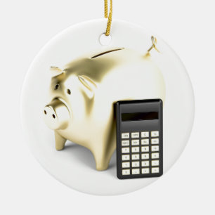 Pig and calculator ceramic ornament