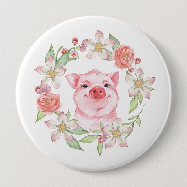 Pig and flowers 10 cm round badge (Front)