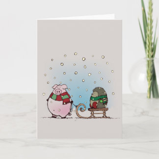Pig and hedgehog with scarfs holiday card